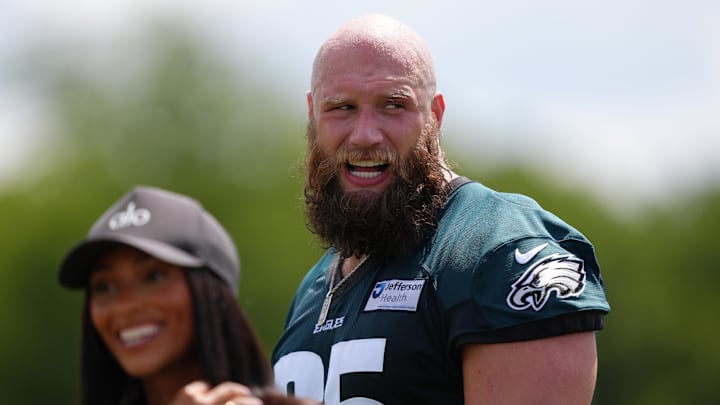 Jul 23, 2025; Philadelphia, PA, USA; Philadelphia Eagles offensive lineman Lane Johnson (65) reacts during training camp at NovaCare Complex. Mandatory Credit: Kyle Ross-Imagn Images