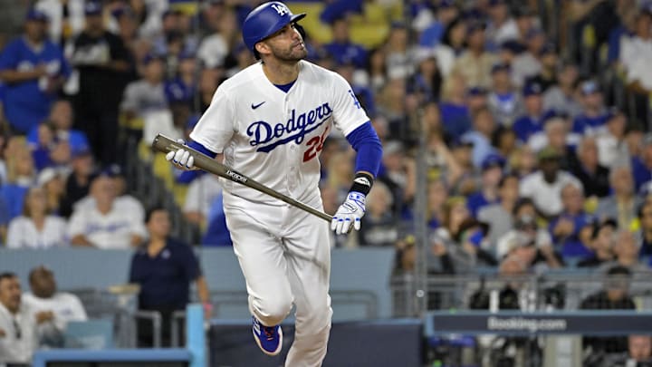 Oct 9, 2023; Los Angeles, California, USA; Los Angeles Dodgers designated hitter J.D. Martinez (28)