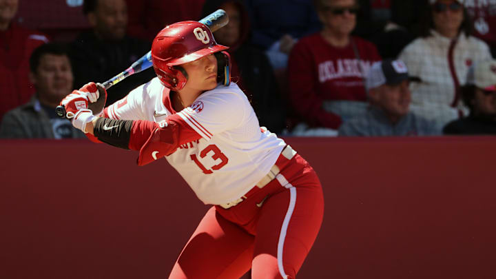 Oklahoma catcher Isabela Emerling waits for a pitch against Kentucky.