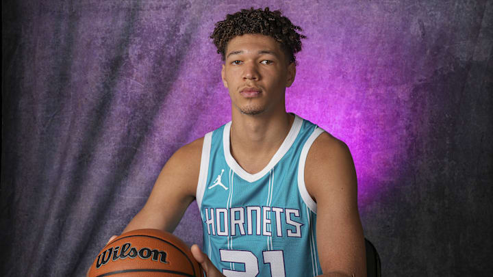 Sep 30, 2024; Charlotte, NC, USA; Charlotte Hornets forward Tidjane Salaun (31) during the Charlotte Hornets Media Day at the Spectrum Center. Mandatory Credit: Jim Dedmon-Imagn Images