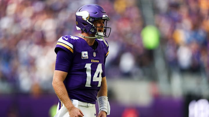 Minnesota Vikings quarterback Sam Darnold looks on against the Detroit Lions