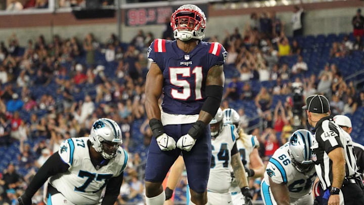 Aug 19, 2022; Foxborough, Massachusetts, USA; New England Patriots linebacker Ronnie Perkins (51) sacks Carolina Panthers quarterback PJ Walker (11) (not pictured) in the fourth quarter at Gillette Stadium. Mandatory Credit: David Butler II-Imagn Images Aug 19, 2022; Foxborough, Massachusetts, USA; New England Patriots linebacker Ronnie Perkins (51) sacks Carolina Panthers quarterback PJ Walker (11) (not pictured) in the fourth quarter at Gillette Stadium. Mandatory Credit: David Butler II-Imagn Images