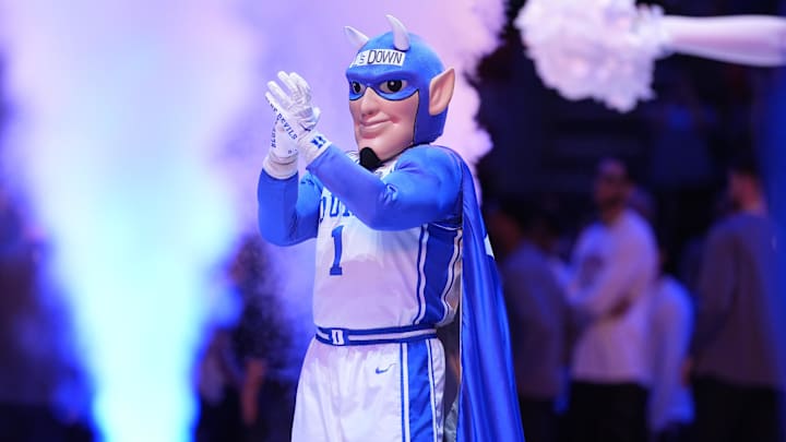 Mar 15, 2025; Charlotte, NC, USA; Duke Blue Devils mascot in the first half of the 2025 ACC Conference Championship game against the Louisville Cardinals at Spectrum Center. Mandatory Credit: Jim Dedmon-Imagn Images