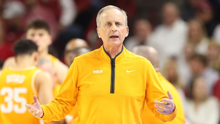 Jan 3, 2026; Fayetteville, Arkansas, USA;  Tennessee Volunteers head coach Rick Barnes during the second half against the Arkansas Razorbacks at Bud Walton Arena. Mandatory Credit: Nelson Chenault-Imagn Images