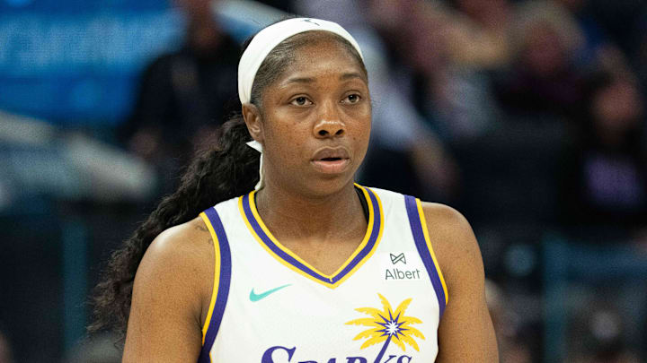 May 6, 2025; San Francisco, CA, USA; Los Angeles Sparks guard Aari McDonald (15) during the first quarter against the Golden State Valkyries at Chase Center. Mandatory Credit: Kyle Terada-Imagn Images