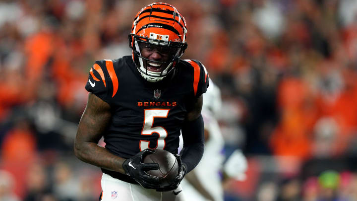 Cincinnati Bengals wide receiver Tee Higgins (5) reacts after completing a catch in the fourth quarter during a Week 9 NFL football game between the Buffalo Bills and the Cincinnati Bengals, Sunday, Nov. 5, 2023, at Paycor Stadium in Cincinnati.