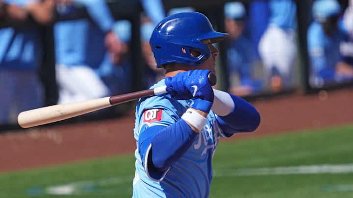 Mar 11, 2024; Surprise, Arizona, USA; Kansas City Royals first baseman Nick Pratto (32) bats against the San Francisco Giants during the first inning at Surprise Stadium. Mandatory Credit: Joe Camporeale-Imagn Images