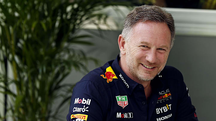 May 5, 2024; Miami Gardens, Florida, USA; Red Bull team principle Christian Horner sits in the F1 Village before the F1 Miami Grand Prix at Miami International Autodrome. Mandatory Credit: Peter Casey-Imagn Images
