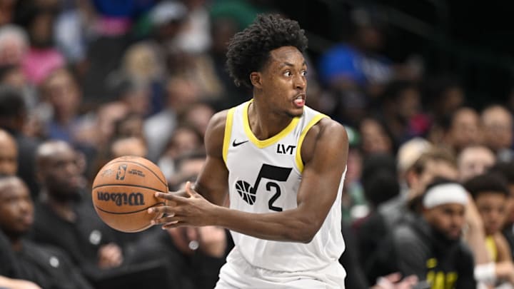 Oct 28, 2024; Dallas, Texas, USA; Utah Jazz guard Collin Sexton (2) in action during the game between the Dallas Mavericks and the Utah Jazz at the American Airlines Center. Mandatory Credit: Jerome Miron-Imagn Images