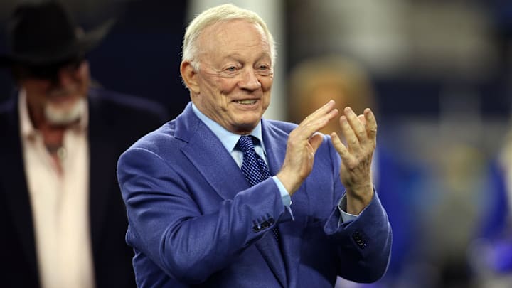 Dec 30, 2023; Arlington, Texas, USA; Dallas Cowboys owner Jerry Jones applauds during the Ring of