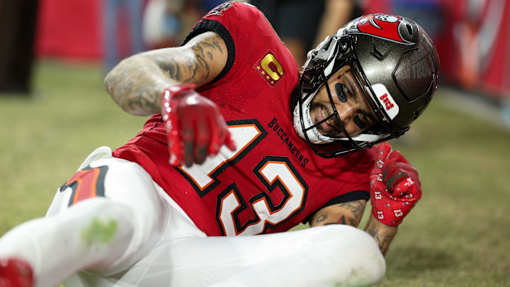Oct 21, 2024; Tampa, Florida, USA; Tampa Bay Buccaneers wide receiver Mike Evans (13) reacts after a play against the Baltimore Ravens in the second quarter at Raymond James Stadium. Mandatory Credit: Nathan Ray Seebeck-Imagn Images