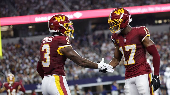 Sep 20, 2026; Arlington, Texas, USA; Washington Commanders wide receiver Stefon Diggs (3) celebrates with wide receiver Terry McLaurin (17) after catching a four-yard pass for a touchdown thrown by quarterback Jayden Daniels (not pictured) against the Dallas Cowboys during the first half at AT&T Stadium. Mandatory Credit: Kevin Jairaj-Imagn Images Sep 20, 2026; Arlington, Texas, USA; Washington Commanders wide receiver Stefon Diggs (3) celebrates with wide receiver Terry McLaurin (17) after catching a four-yard pass for a touchdown thrown by quarterback Jayden Daniels (not pictured) against the Dallas Cowboys during the first half at AT&T Stadium. Mandatory Credit: Kevin Jairaj-Imagn Images