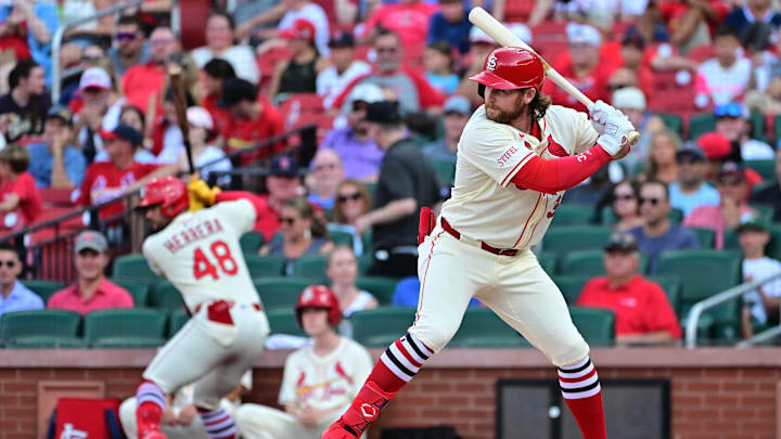 Jul 26, 2025; St. Louis, Missouri, USA; St. Louis Cardinals second baseman Brendan Donovan (33) at bat against the San Diego Padres at Busch Stadium. Mandatory Credit: Tim Vizer-Imagn Images