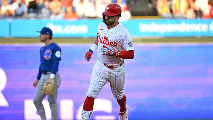 Apr 13, 2026; Philadelphia, Pennsylvania, USA; Philadelphia Phillies left fielder Kyle Schwarber (12) runs the bases after hitting a home run against the Chicago Cubs during the first inning at Citizens Bank Park. Mandatory Credit: Eric Hartline-Imagn Images