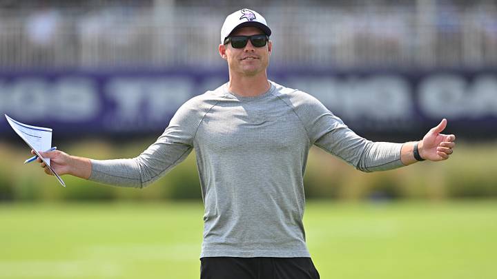 Aug 3, 2024; Eagan, MN, USA; Minnesota Vikings head coach Kevin O'Connell reacts during practice at Vikings training camp in Eagan, MN. Aug 3, 2024; Eagan, MN, USA; Minnesota Vikings head coach Kevin O'Connell reacts during practice at Vikings training camp in Eagan, MN.