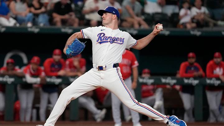 Aug 22, 2026; Arlington, Texas, USA;  Texas Rangers pitcher Cody Bradford (61) throws to the plate against the Los Angeles Angels during the first inning at Globe Life Field. Mandatory Credit: Raymond Carlin III-Imagn Images
