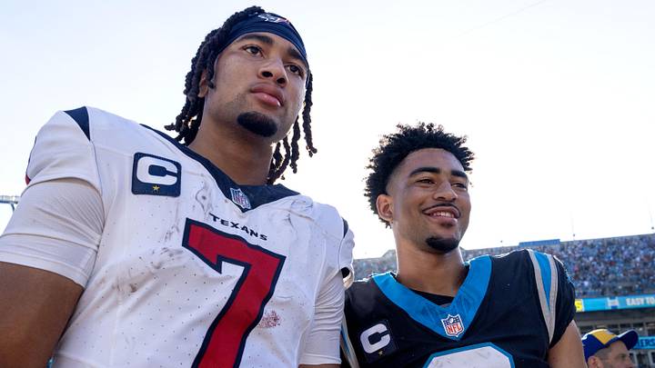 Oct 29, 2023; Charlotte, North Carolina, USA; Houston Texans quarterback C.J. Stroud (7) and Carolina Panthers quarterback Bryce Young (9) after the game at Bank of America Stadium. Mandatory Credit: Bob Donnan-Imagn Images
