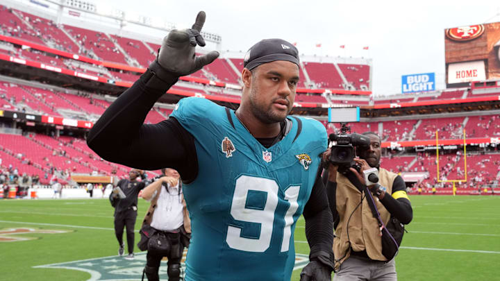 Sep 28, 2025; Santa Clara, California, USA; Jacksonville Jaguars defensive tackle Arik Armstead (91) after the game against the San Francisco 49ers at Levi's Stadium. Mandatory Credit: Darren Yamashita-Imagn Images