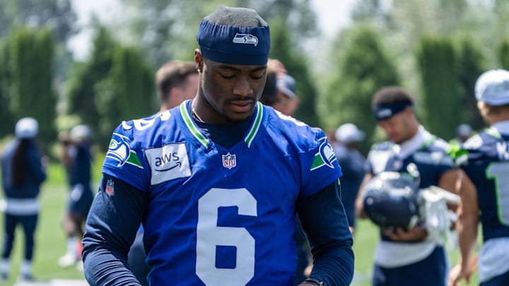 Jun 11, 2025; Renton, WA, USA; Seattle Seahawks quarterback Jalen Milroe (6) is pictured during mini-camp at Virginia Mason Athletic Center.
