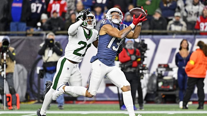 Nov 13, 2025; Foxborough, Massachusetts, USA; New England Patriots wide receiver Mack Hollins (13)  makes a catch during the second half against the New York Jets at Gillette Stadium. Mandatory Credit: Eric Canha-Imagn Images