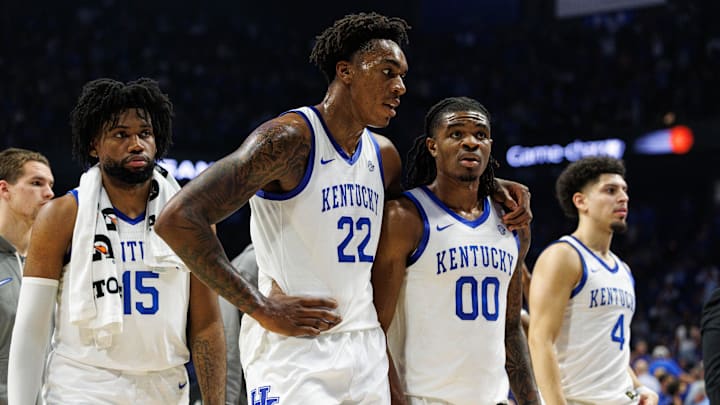 Nov 4, 2024; Lexington, Kentucky, USA; Kentucky Wildcats center Amari Williams (22) walks off the court with guard Otega Oweh (0) at halftime against the Wright State Raiders at Rupp Arena at Central Bank Center. Mandatory Credit: Jordan Prather-Imagn Images