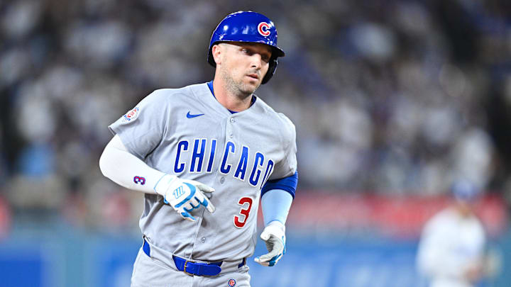 Apr 24, 2026; Los Angeles, California, USA; Chicago Cubs third baseman Alex Bregman (3) rounds the bases after hitting a solo home run during the eighth inning against the Los Angeles Dodgers at Dodger Stadium. Mandatory Credit: William Liang-Imagn Images
