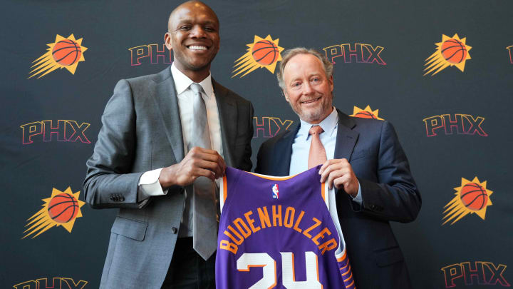 May 17, 2024; Phoenix, AZ, USA; Mike Budenholzer poses alongside General Manager James Jones during a press conference to announce his job as head coach of the Phoenix Suns. Mandatory Credit: Joe Camporeale-USA TODAY Sports