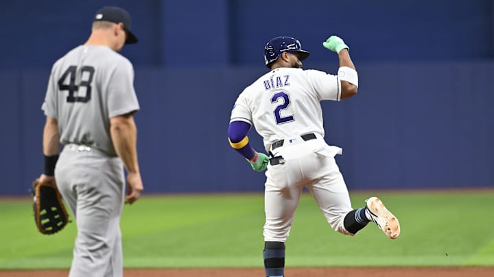 Apr 10, 2026; St. Petersburg, Florida, USA; Tampa Bay Rays infielder Yandy Diaz (2) reacts after hitting a two-run home run during the first inning against New York Yankees at Tropicana Field. Mandatory Credit: Pablo Robles-Imagn Images Apr 10, 2026; St. Petersburg, Florida, USA; Tampa Bay Rays infielder Yandy Diaz (2) reacts after hitting a two-run home run during the first inning against New York Yankees at Tropicana Field. Mandatory Credit: Pablo Robles-Imagn Images