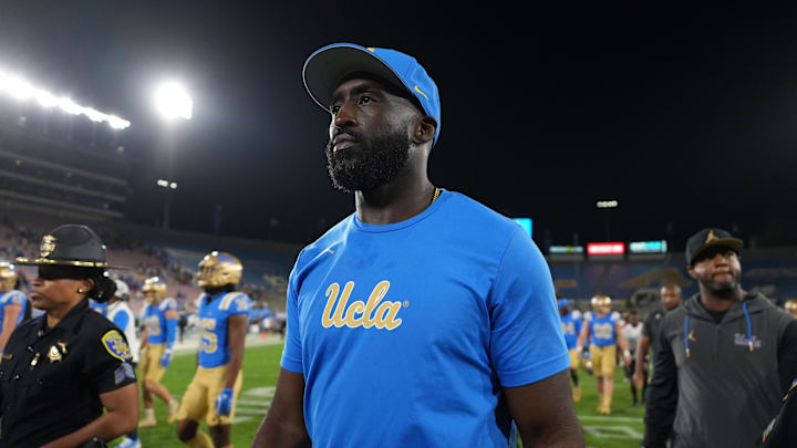 Sep 14, 2024; Pasadena, California, USA; UCLA Bruins head coach DeShaun Foster reacts after the game against the Indiana Hoosiers at Rose Bowl. Mandatory Credit: Kirby Lee-Imagn Images Sep 14, 2024; Pasadena, California, USA; UCLA Bruins head coach DeShaun Foster reacts after the game against the Indiana Hoosiers at Rose Bowl. Mandatory Credit: Kirby Lee-Imagn Images