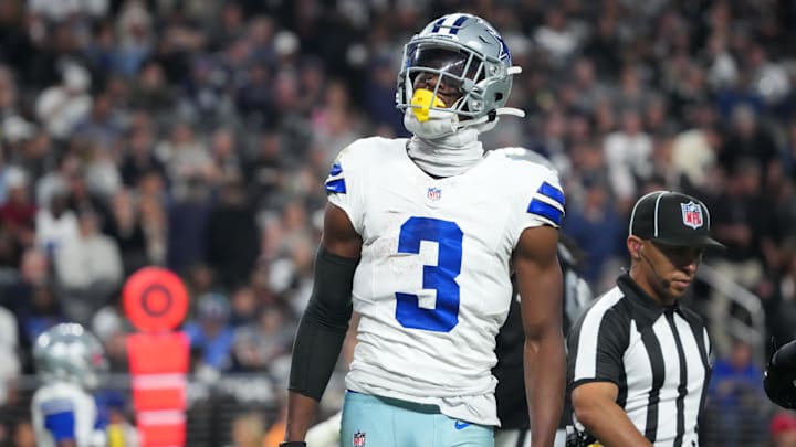 Dallas Cowboys wide receiver George Pickens (3) reacts after making a catch against the Las Vegas Raiders during the second half at Allegiant Stadium. Mandatory Credit: Kirby Lee-Imagn Images