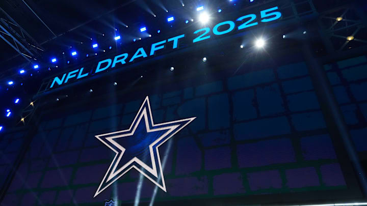 Apr 24, 2025; Green Bay, WI, USA; The Dallas Cowboys logo is projected on the video board during the NFL Draft at Lambeau Field. Mandatory Credit: Kirby Lee-Imagn Images