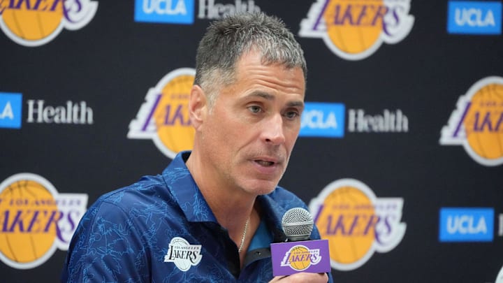 Jul 2, 2024; El Segundo, CA, USA; Los Angeles Lakers vice president of basketball operations and general manager Rob Pelinka at a press conference at the UCLA Health Training Center. Mandatory Credit: Kirby Lee-Imagn Images