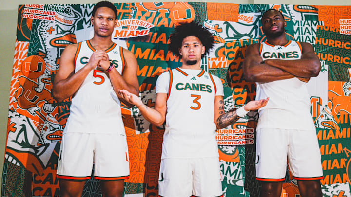 New Miami Hurricanes Seniors Malik Reneau (5), Tre Donaldson (3), and Ernest Udeh Jr. (8) are posing for media day.