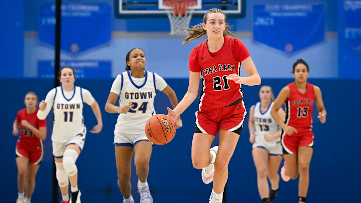 Wauwatosa East forward Ellie Pudelko (21) brings the ball up court versus Germantown in a Greater Metro Conference game Friday, December 5, 2025.