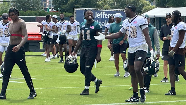 A.J. Brown and Jalyx Hunt smile after a spirited practice on July 26, 2025. A.J. Brown and Jalyx Hunt smile after a spirited practice on July 26, 2025.