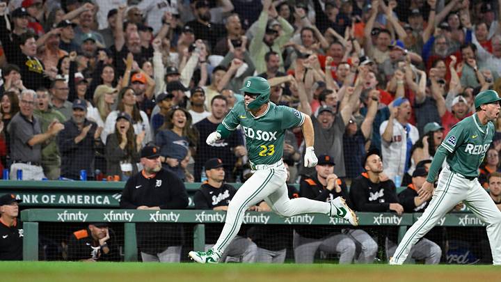 Sep 26, 2025; Boston, Massachusetts, USA; Boston Red Sox second baseman Romy Gonzalez (23) runs home to score the game winning run against the Detroit Tigers during the ninth inning at Fenway Park. Mandatory Credit: Eric Canha-Imagn Images Sep 26, 2025; Boston, Massachusetts, USA; Boston Red Sox second baseman Romy Gonzalez (23) runs home to score the game winning run against the Detroit Tigers during the ninth inning at Fenway Park. Mandatory Credit: Eric Canha-Imagn Images