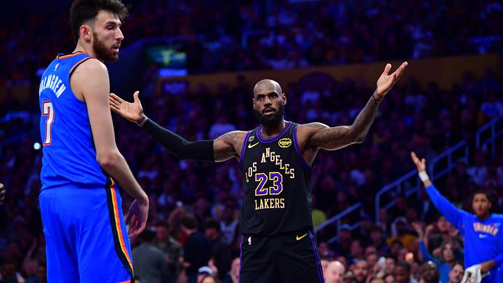 Los Angeles Lakers forward LeBron James reacts after he is fouled