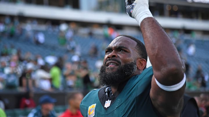 Oct 13, 2024; Philadelphia, Pennsylvania, USA; Philadelphia Eagles defensive end Brandon Graham (55) walks off the field after win against the Cleveland Browns at Lincoln Financial Field. Mandatory Credit: Eric Hartline-Imagn Images