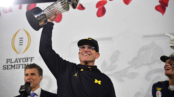Jan 1, 2024; Pasadena, CA, USA; Michigan Wolverines head coach Jim Harbaugh celebrates with the
