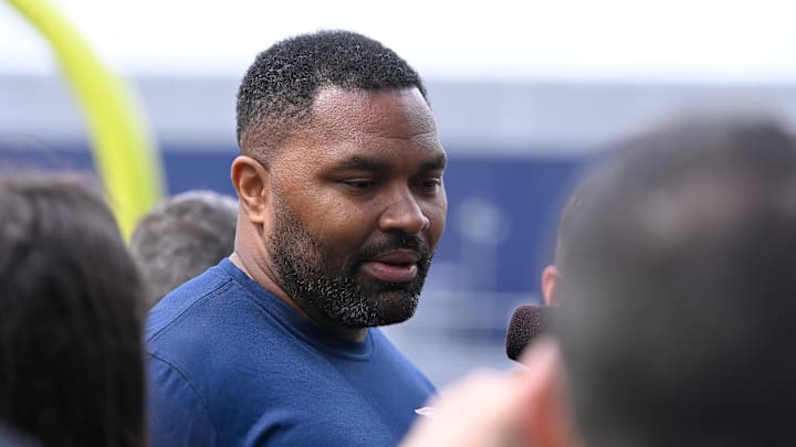 May 11, 2024; Foxborough, MA, USA; New England Patriots head coach Jerod Mayo holds a press conference before practice at the New England Patriots rookie camp at Gillette Stadium.  Mandatory Credit: Eric Canha-USA TODAY Sports