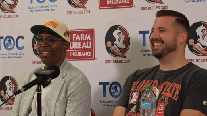 Florida A&M Rattlers head coach Charlie Ward (left) shares a laugh with Florida State Seminoles head coach Luke Loucks during a pregame press conference at The Coyle E. Moore Athletic Center for the Florida A&M Rattlers at Florida State Seminoles NCAA men's college basketball exhibition game, Tallahassee, Florida, Wednesday, Oct. 22, 2025.