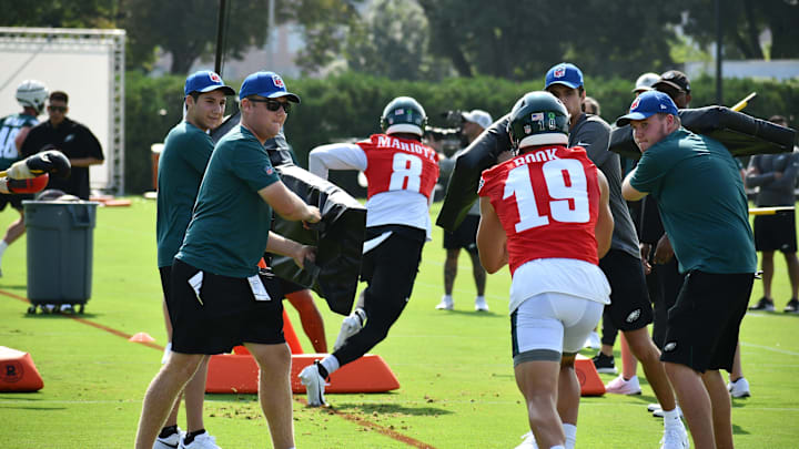 Ian Book (19) and Marcus Mariota (8), Philadelphia Eagles