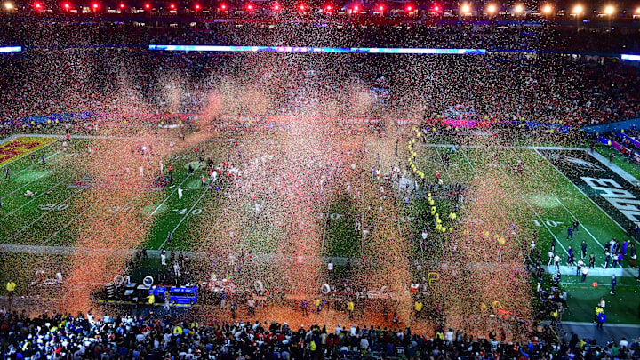 Feb 12, 2023; Glendale, Arizona, US; Confetti fall after a victory by the Kansas City Chiefs over