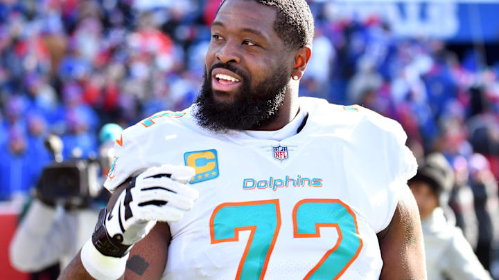 Jan 15, 2023; Orchard Park, NY, USA; Miami Dolphins offensive tackle Terron Armstead before playing