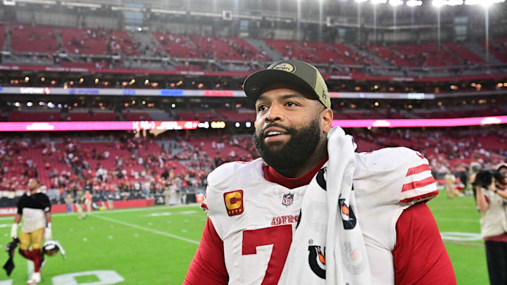 Nov 16, 2025; Glendale, Arizona, USA; San Francisco 49ers tackle Trent Williams (71) looks on after the game against the Arizona Cardinals at State Farm Stadium. Mandatory Credit: Matt Kartozian-Imagn Images