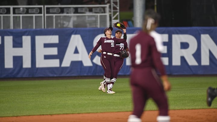 May 10, 2024; Auburn, AL, USA;  Texas A&M Aggies outfielder Kramer Eschete (91) catches a ball for an out against the Florida Gators at Jane B. Moore Field. Mandatory Credit: Julie Bennett-Imagn Images