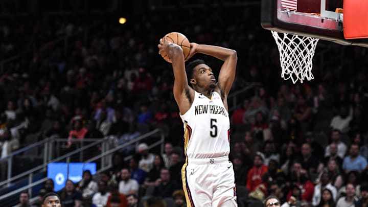 Nov 5, 2022; Atlanta, Georgia, USA; New Orleans Pelicans forward Herb Jones (5) dunks against the New Orleans Pelicans in the second quarter at State Farm Arena. Mandatory Credit: Larry Robinson-Imagn Images