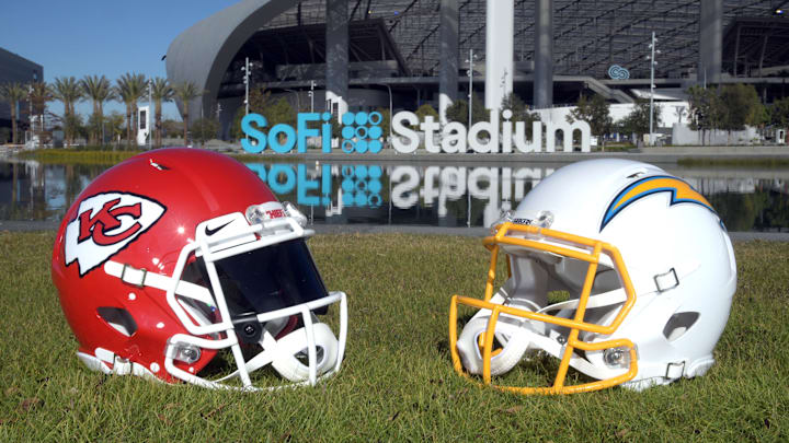 Dec 16, 2021; Inglewood, California, USA; A detailed view of Kansas City Chiefs and Los Angeles Chargers helmets at SoFi Stadium. Mandatory Credit: Kirby Lee-Imagn Images