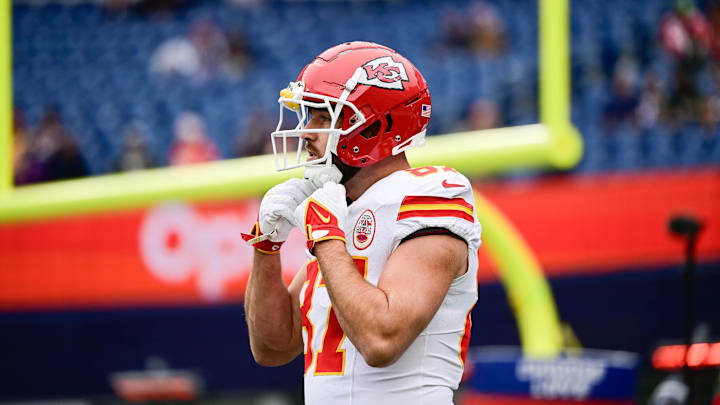 Dec 17, 2023; Foxborough, Massachusetts, USA; Kansas City Chiefs tight end Travis Kelce (87) warms up before a game against the New England Patriots at Gillette Stadium. Mandatory Credit: Eric Canha-Imagn Images Dec 17, 2023; Foxborough, Massachusetts, USA; Kansas City Chiefs tight end Travis Kelce (87) warms up before a game against the New England Patriots at Gillette Stadium. Mandatory Credit: Eric Canha-Imagn Images