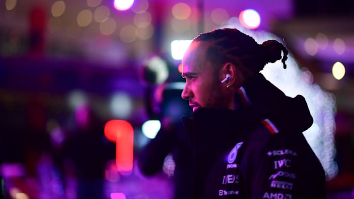 Nov 20, 2024; Las Vegas, Nevada, USA; Mercedes AMG Petronas driver Lewis Hamilton (44) before the Las Vegas Grand Prix at Las Vegas Circuit. Mandatory Credit: Gary A. Vasquez-Imagn Images